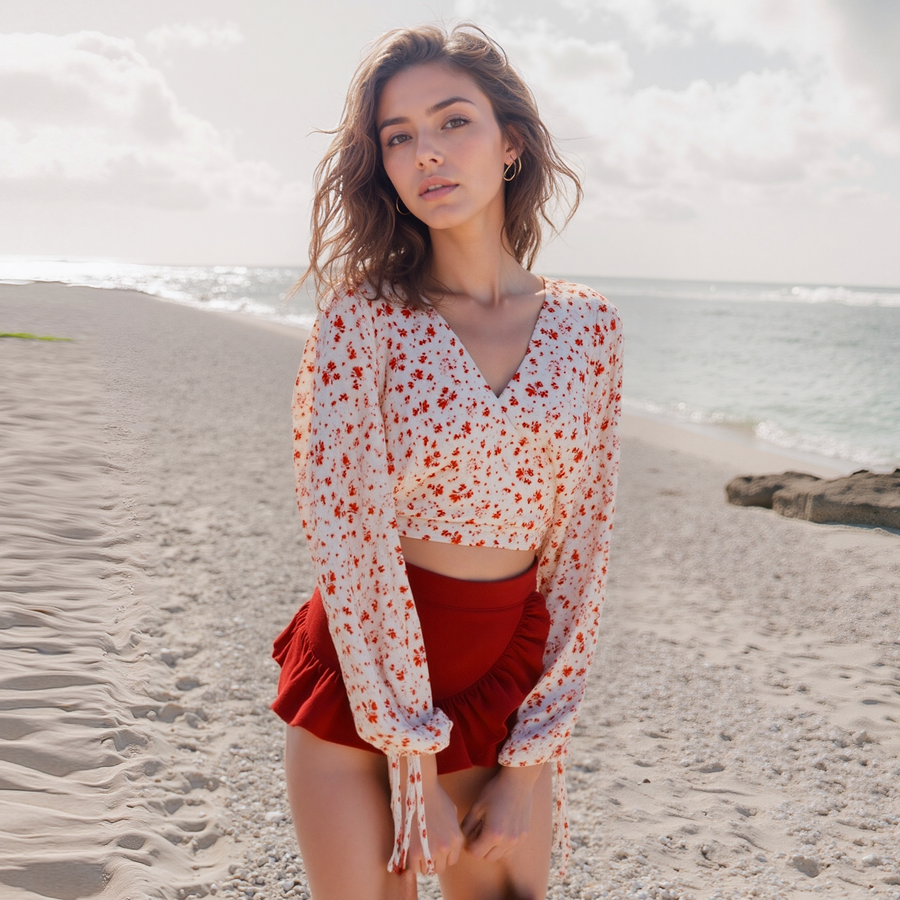 Women's Floral Wrap Front Crop Blouse In Coral Gold