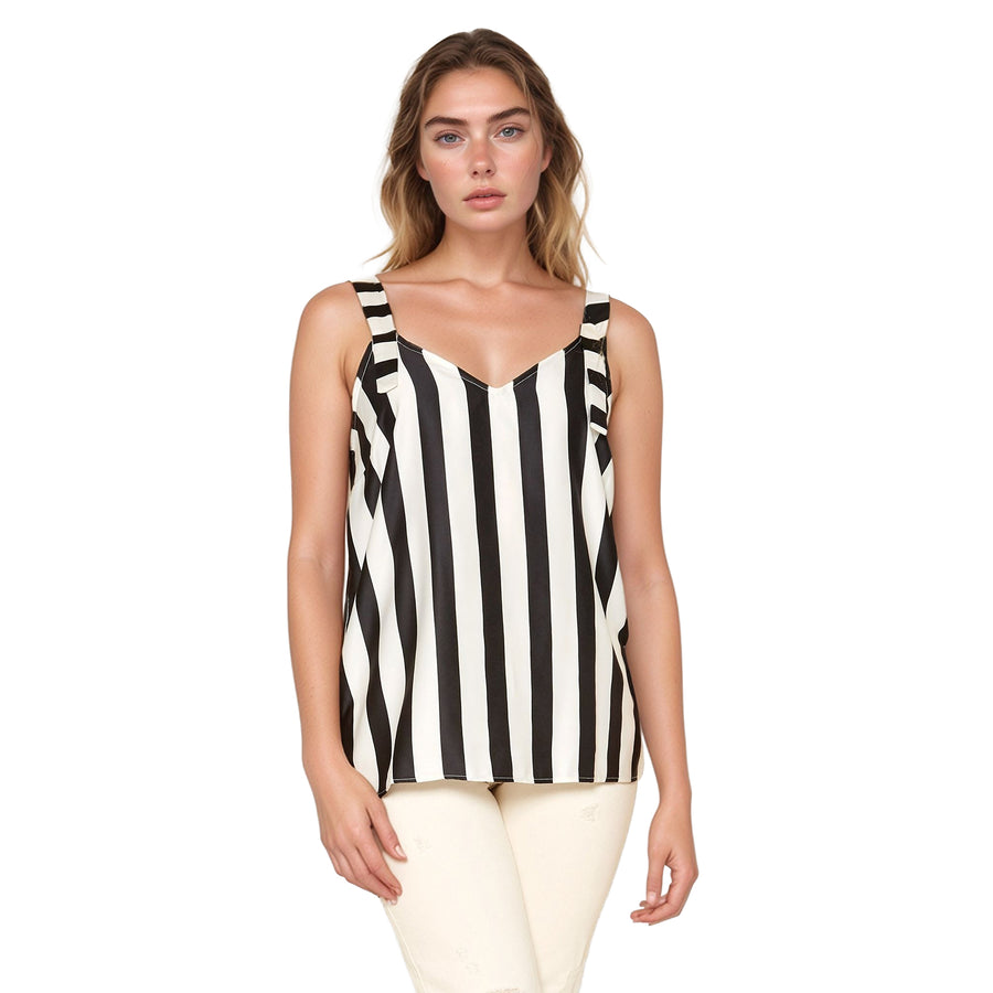 Pleione Women's V-Neck Black White Stripe Tank Top Blouse