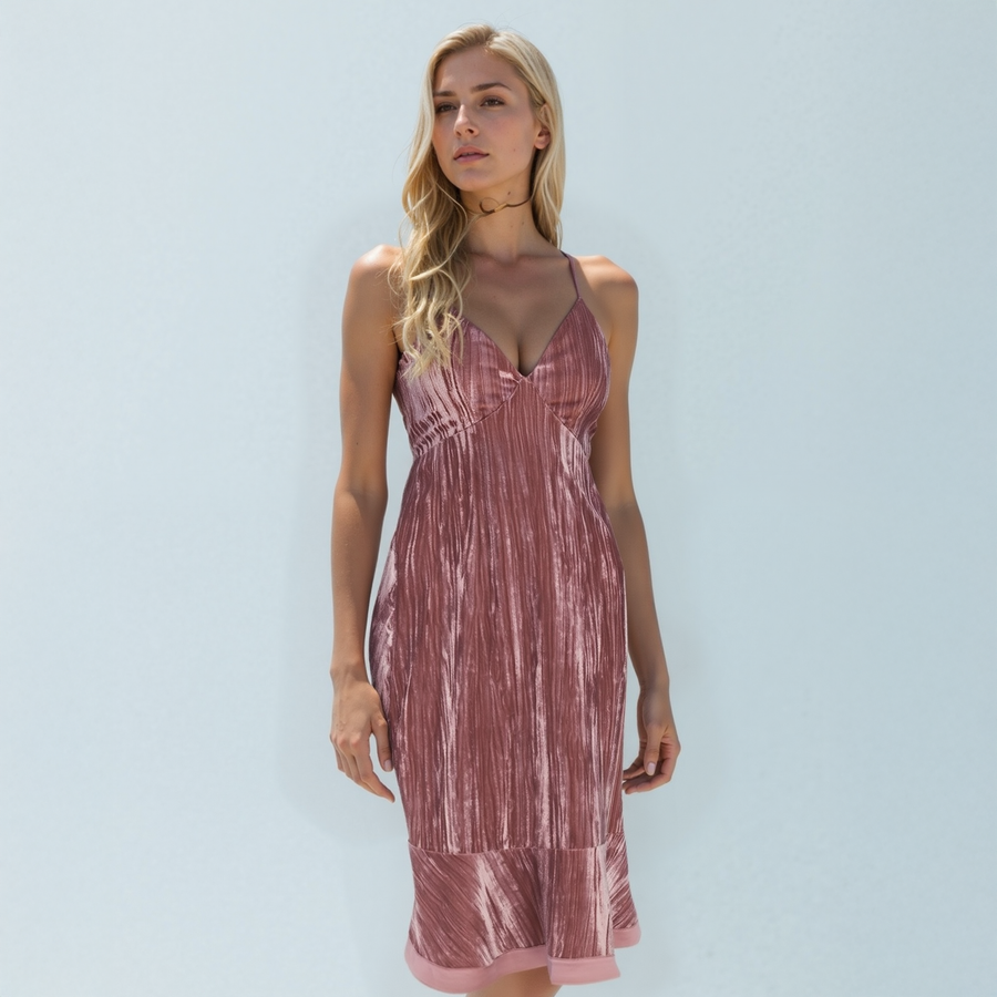 Women's Velvet Spaghetti Strap Ruffle Hem Midi Dress