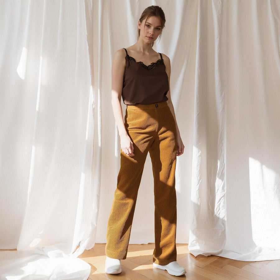 Pleione Women's Corduroy Wide Leg High Waist Pants in Dijon