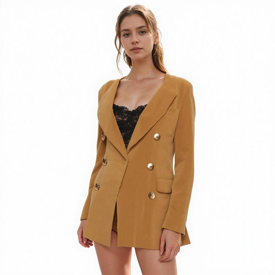 Pleione Women's Corduroy Double Breasted Blazer in Dijon