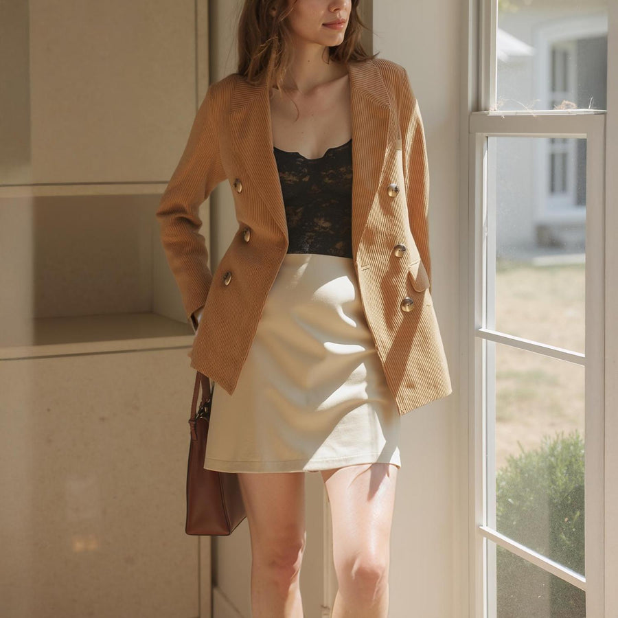 Pleione Women's Corduroy Double Breasted Blazer in Dijon - shopatkonus