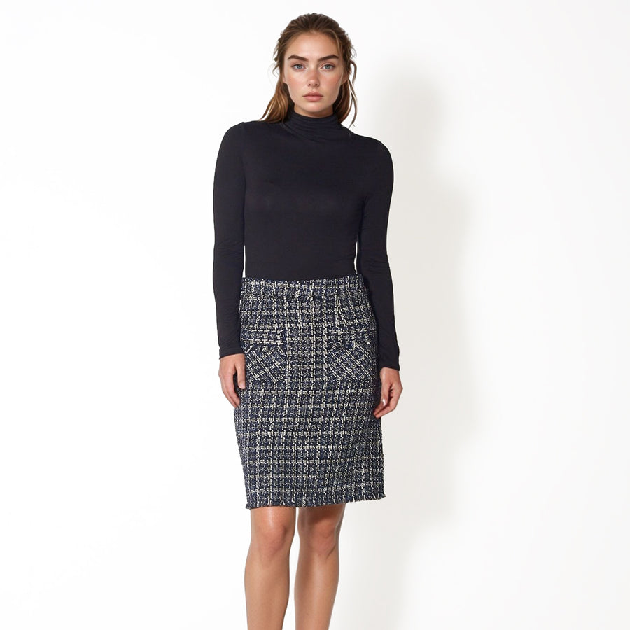 Pleione Women's High Rise Pencil Skirt in Navy Tweed