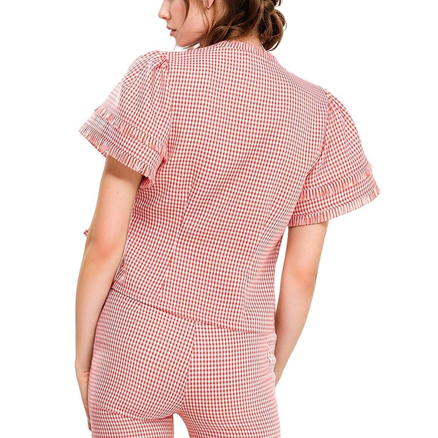 Women's Fringe Trim Gingham Wrap Blouse In Red Gingham
