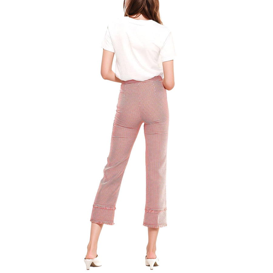 Women's Fringe Trim Slit Hem Gingham Pants in Red Gingham