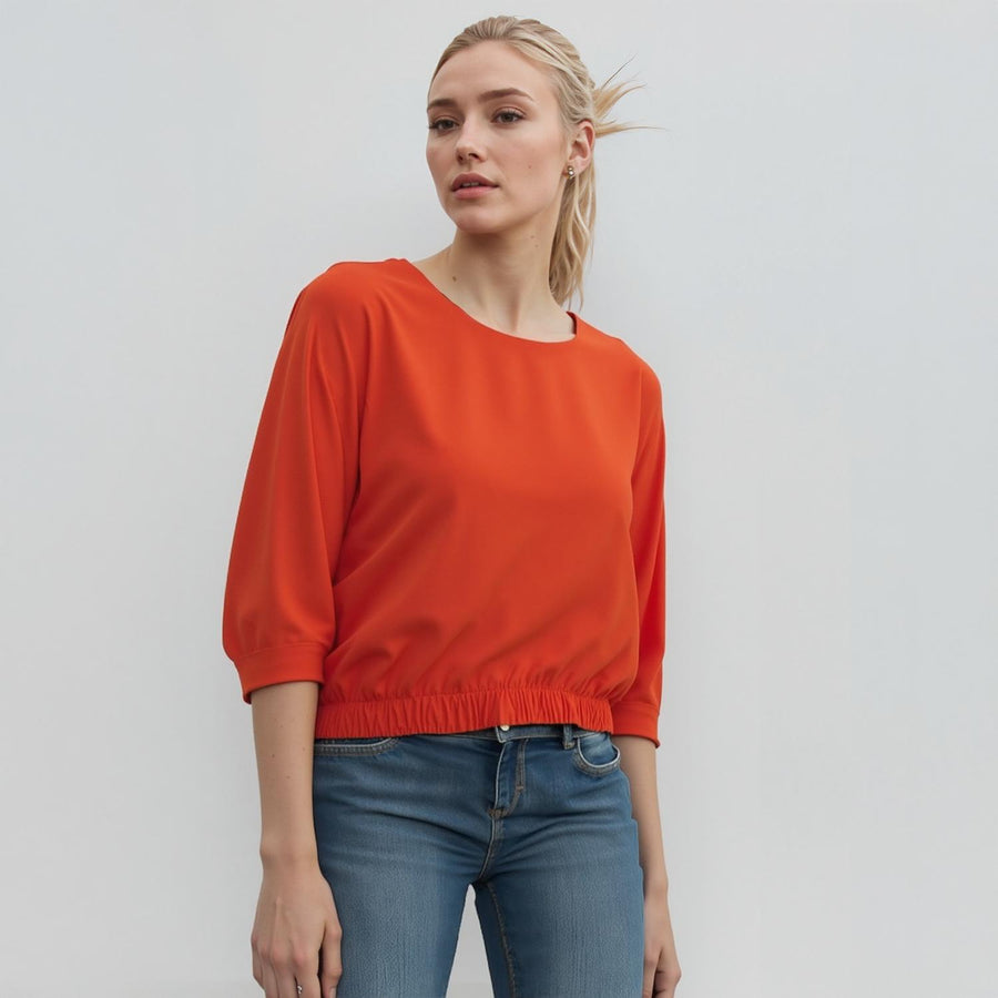 Pleione Gathered Hem Scoop Neck Blouse In Flamingo