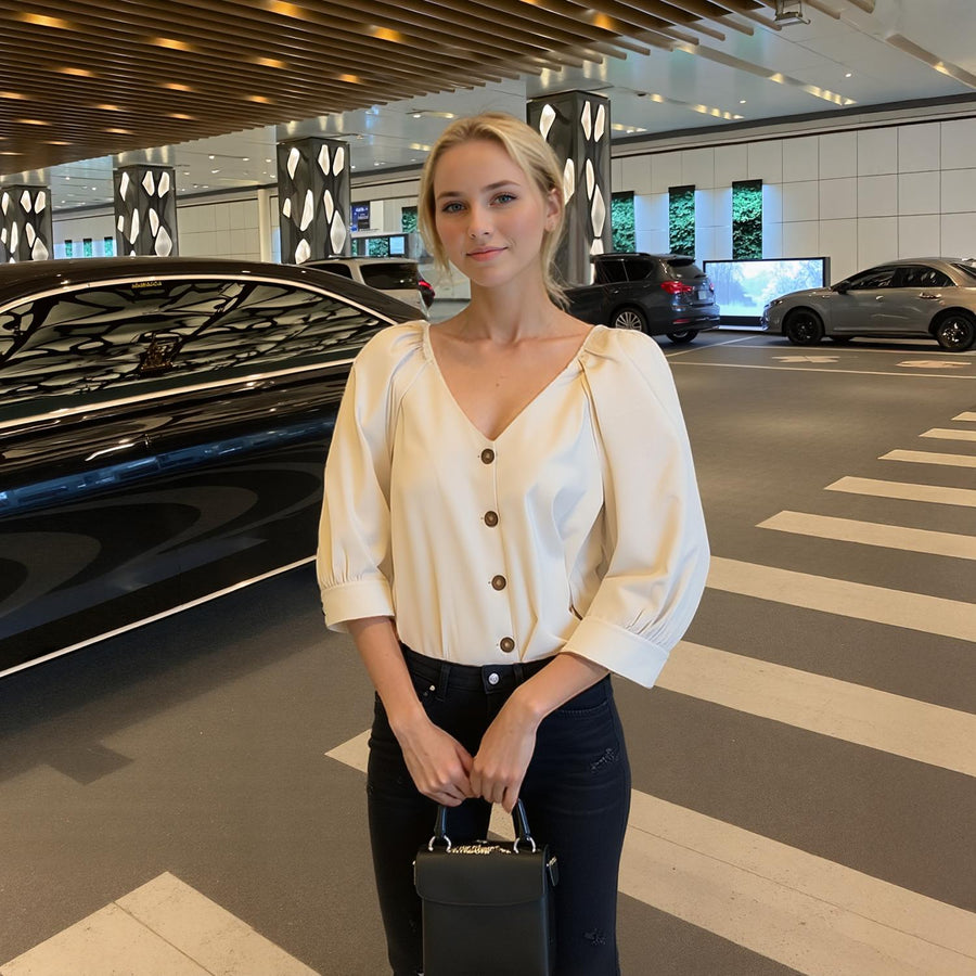 Pleione Women's Balloon Shoulder Button Down Blouse - shopatkonus