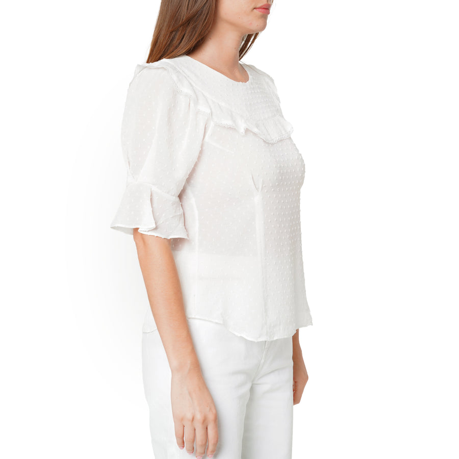 Women's Swiss Dot Ruffle Sleeve Top in White