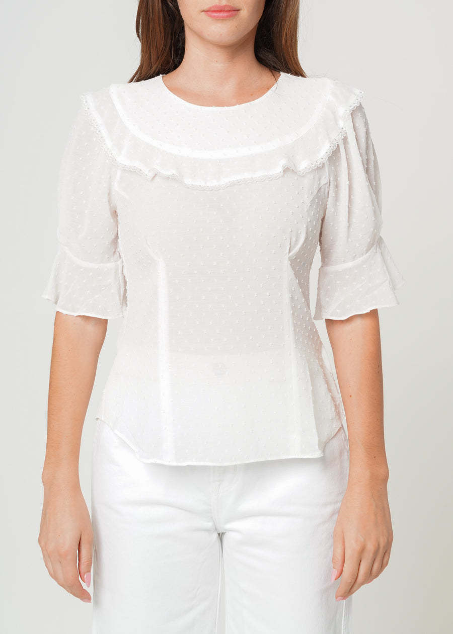Women's Swiss Dot Ruffle Sleeve Top in White