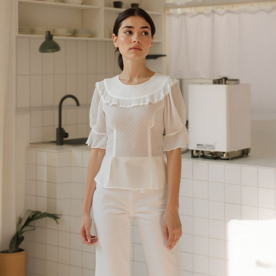 Women's Swiss Dot Ruffle Sleeve Top in White