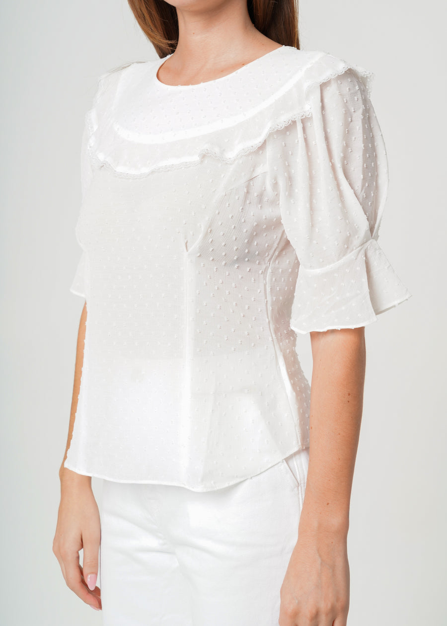 Women's Swiss Dot Ruffle Sleeve Top in White