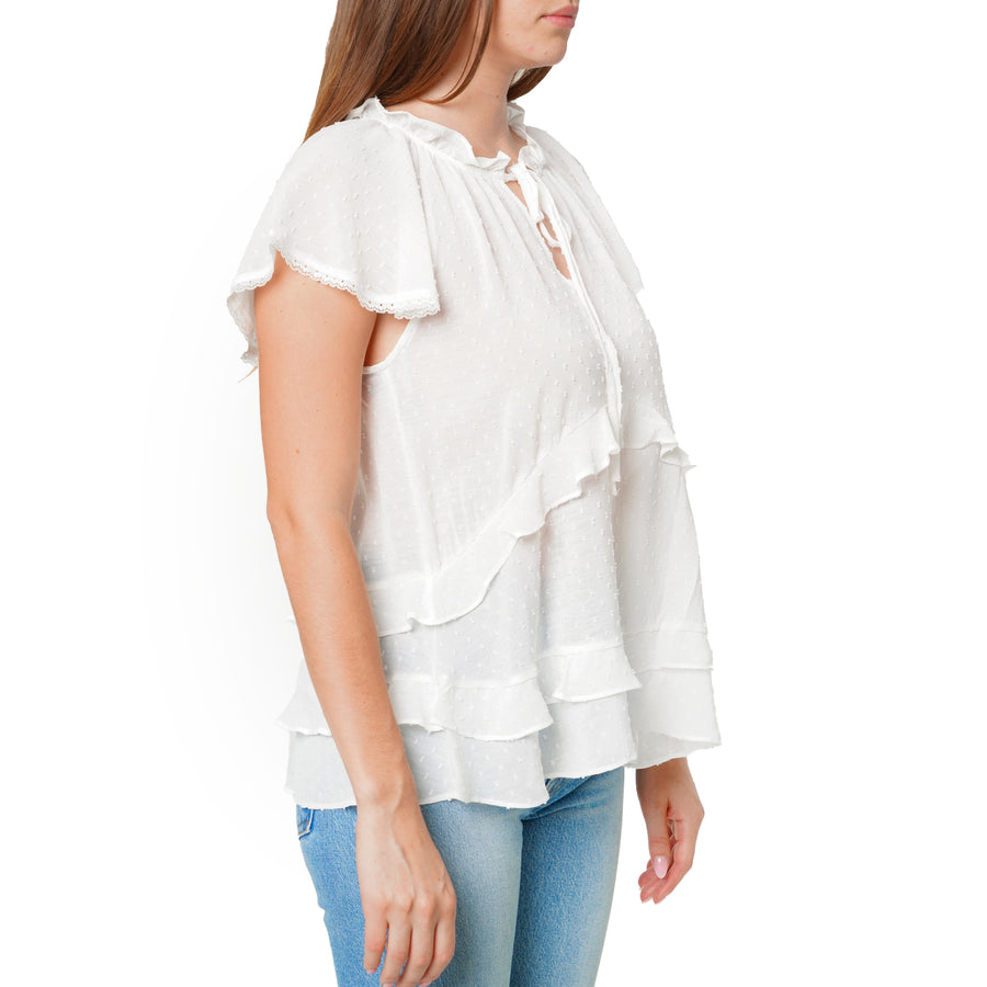 Women's Swiss Dot Layered Ruffle Top in White