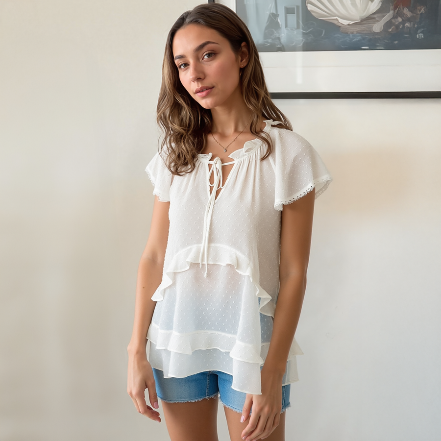 Women's Swiss Dot Layered Ruffle Top in White