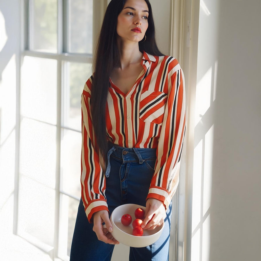 Pleione Women's Printed Linen Button Down Shirt