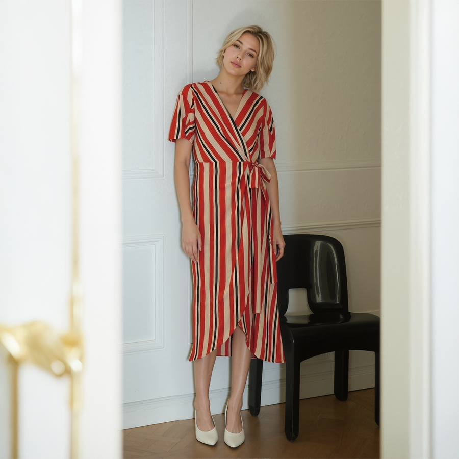 Women's Puff Sleeve Wrap Dress in Poppy Multi