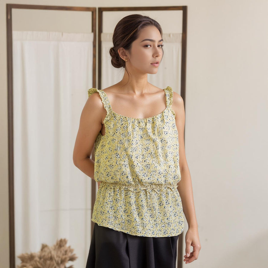 Pleione Ruffle Trim Floral Cami Blouse In Yellow