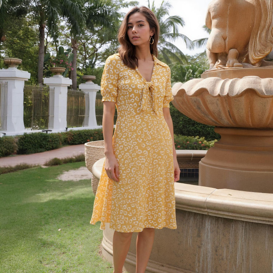 Pleione Tied Open Front Collard Floral Dress - shopatkonus