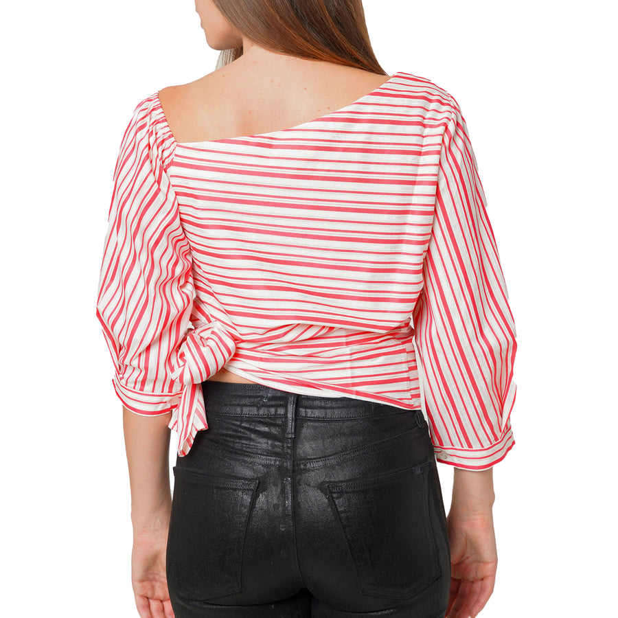 Women's Satin Stripe One Shoulder Blouse in Lipstick Stripe