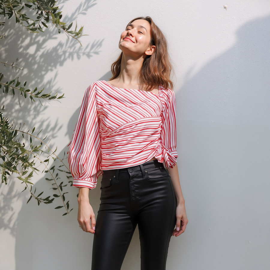 Women's Satin Stripe One Shoulder Blouse in Lipstick Stripe