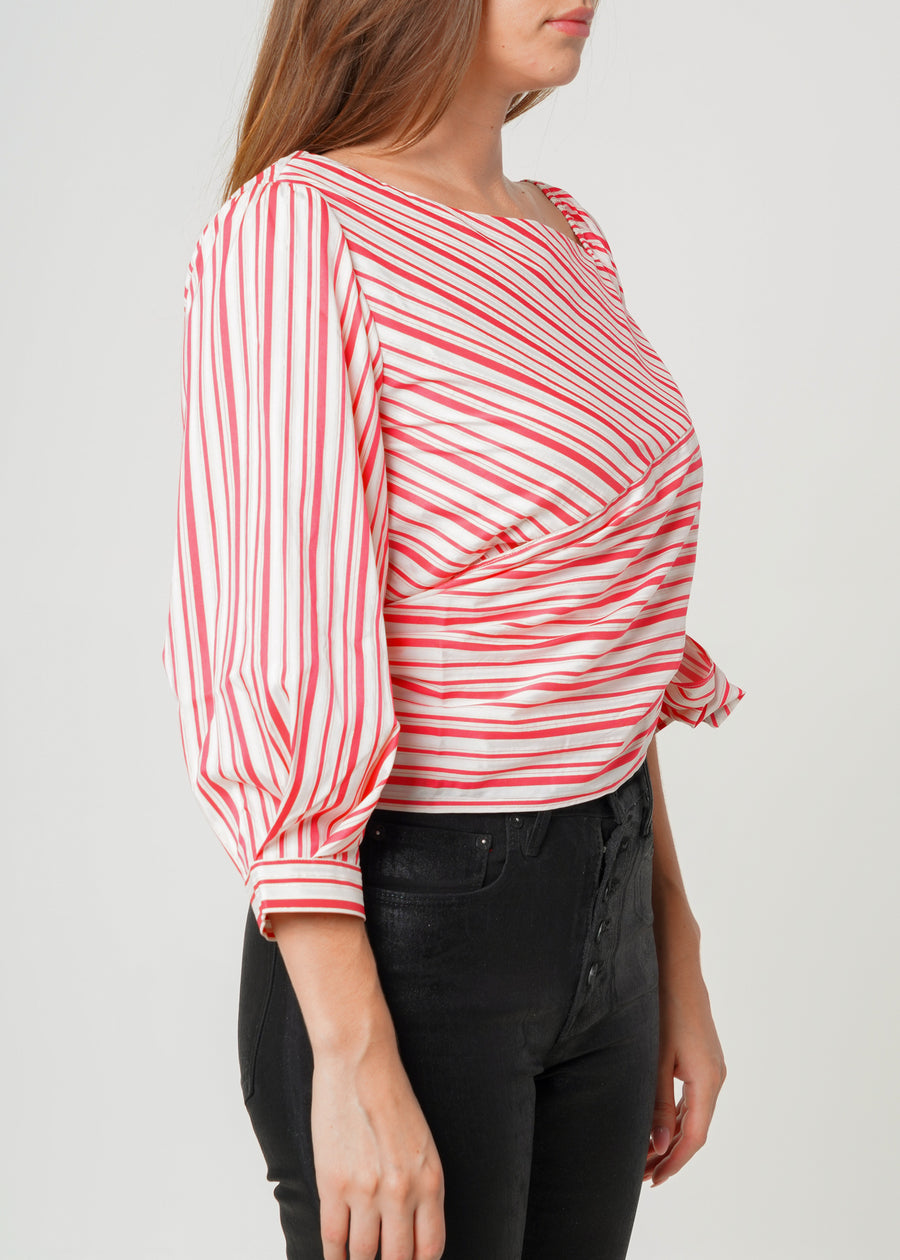 Women's Satin Stripe One Shoulder Blouse in Lipstick Stripe