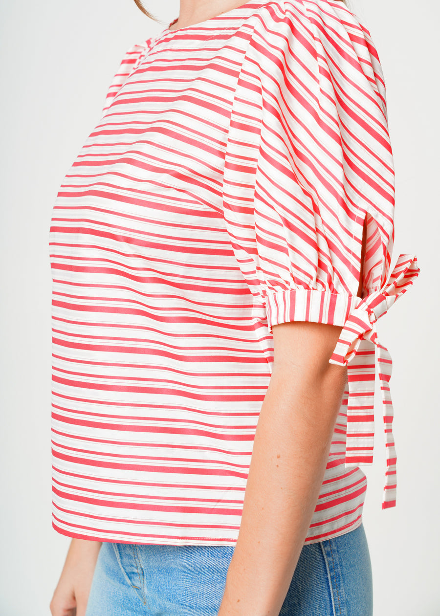 Women's Satin Stripe Tie Sleeve Top in Lipstick Stripe