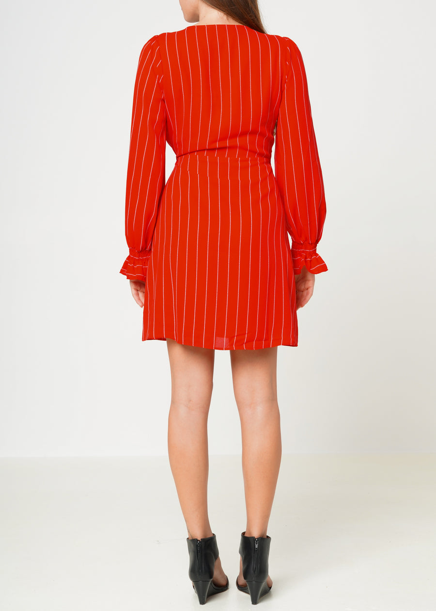 Smocked Bell Sleeve Wrap Dress in Red