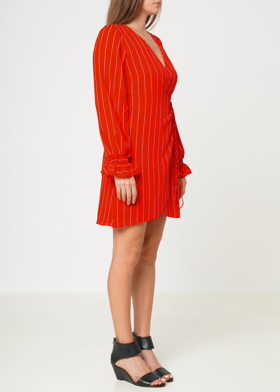 Smocked Bell Sleeve Wrap Dress in Red