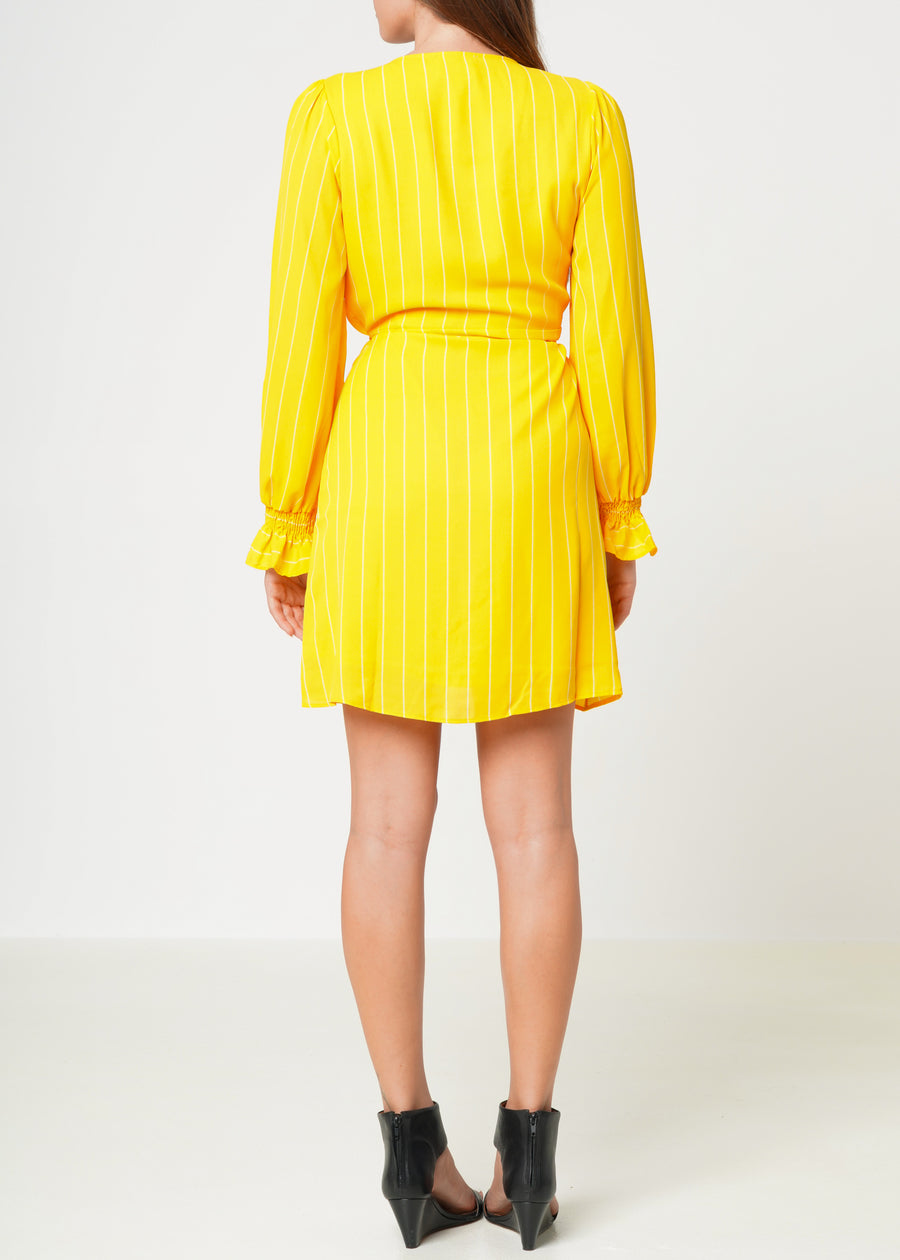 Smocked Bell Sleeve Wrap Dress in Yellow