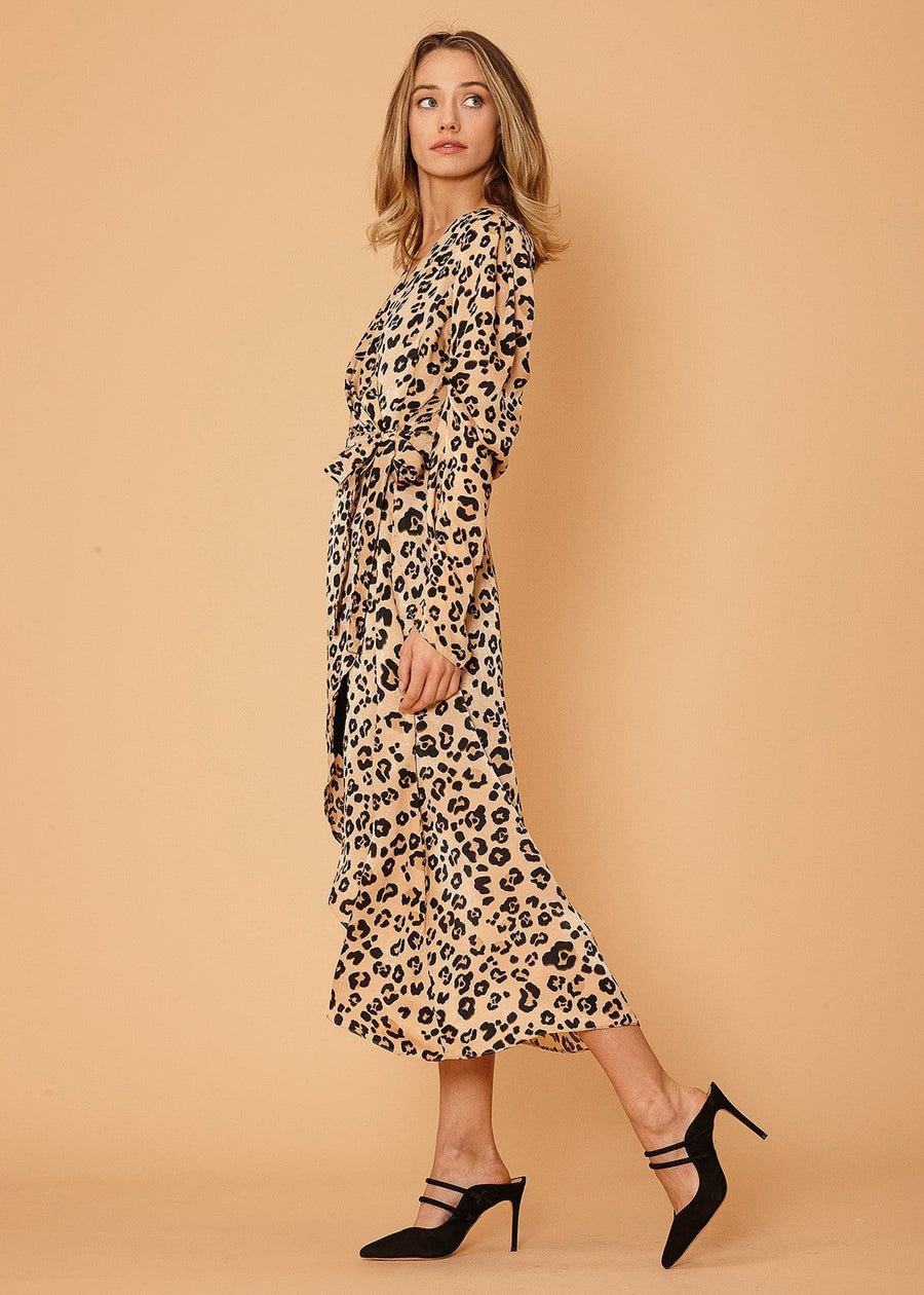 Women's Print Puffy Shoulder Dress in Brown Leopard - shopatkonus