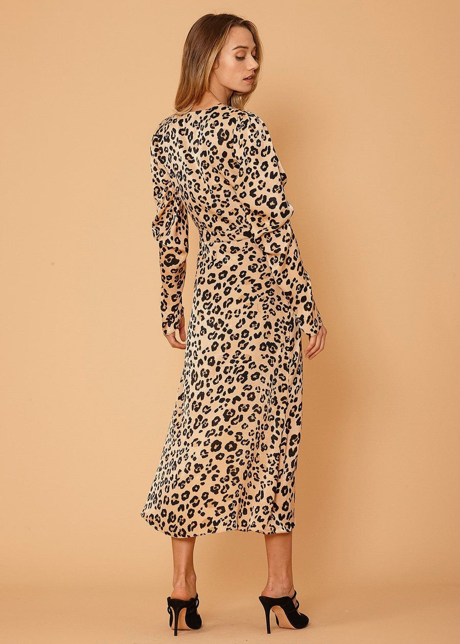 Women's Print Puffy Shoulder Dress in Brown Leopard - shopatkonus