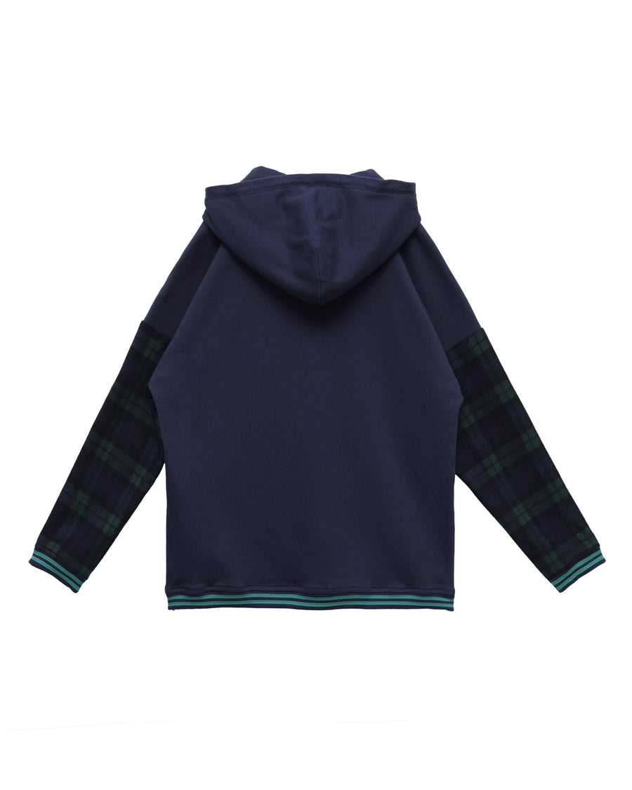 Konus Men's Pullover Hoodie w/ Wool Blend Plaid Sleeves in Navy - shopatkonus