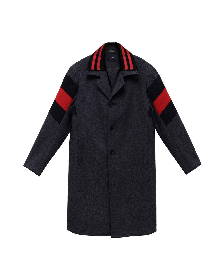 Konus Men's Wool Blend Long Coat with Contrast Stripes in Charcoal - shopatkonus