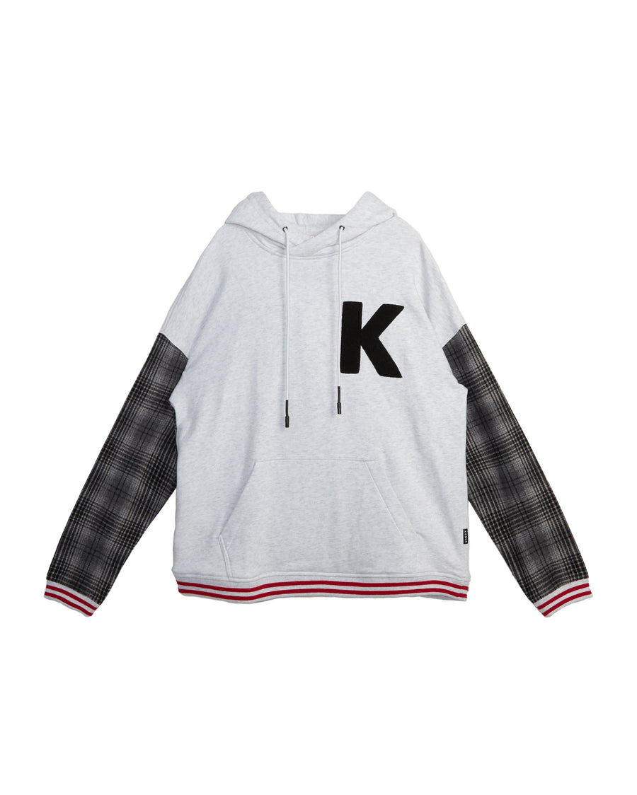 Konus Men's Pullover Hoodie w/ Wool Blend Plaid Sleeves in Grey - shopatkonus