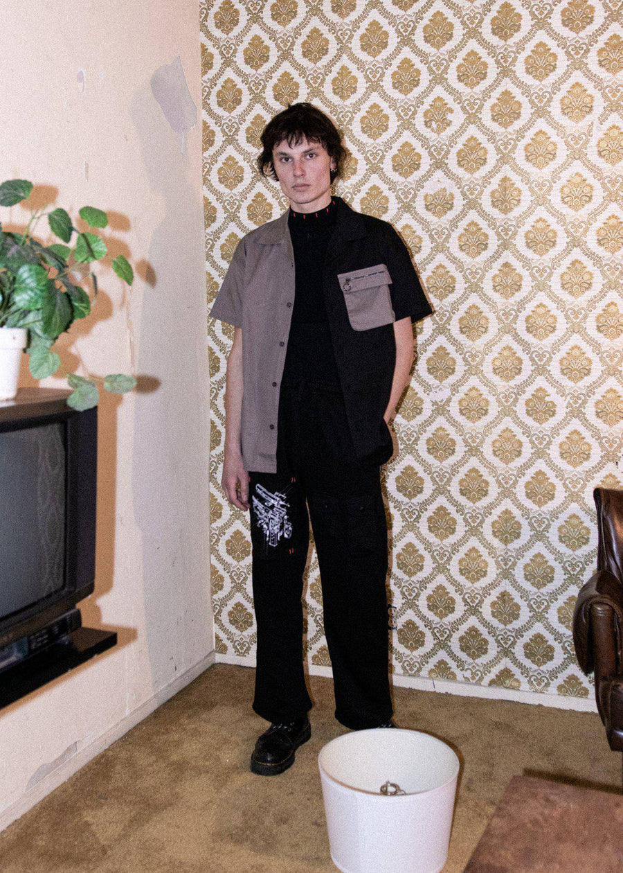 Konus Men's Bellow Pocket Oversize Short Sleeve Shirt in Black Khaki - shopatkonus