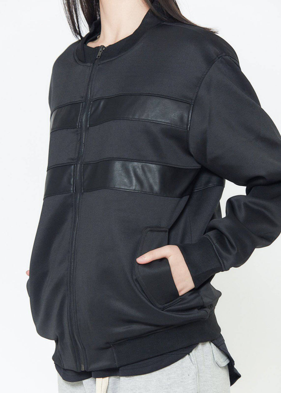 Konus Men's Bomber Jacket With Faux Leather Stripes in Black - shopatkonus