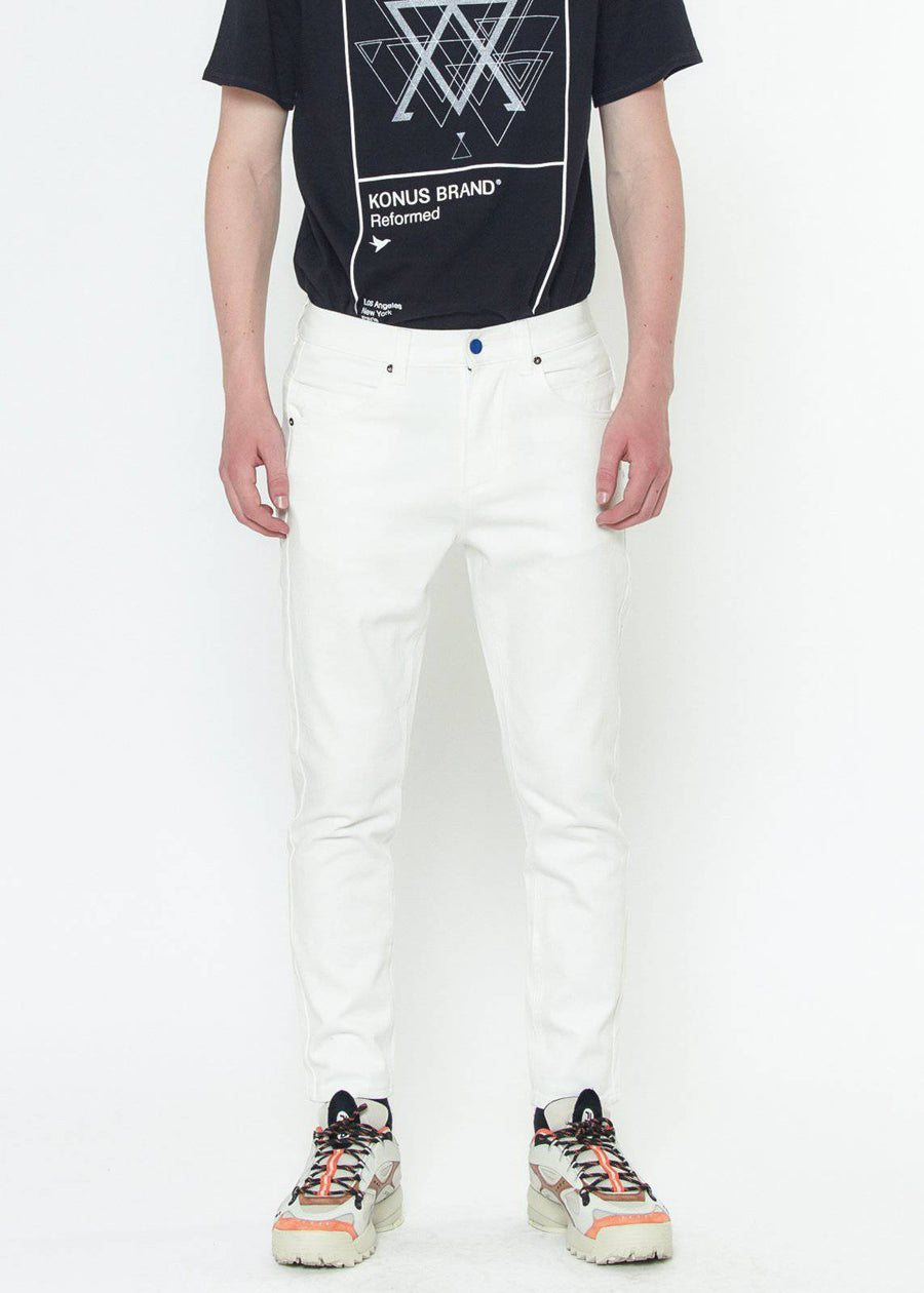 Konus Men's Cropped Twill Pant With Dart Detail in White - shopatkonus