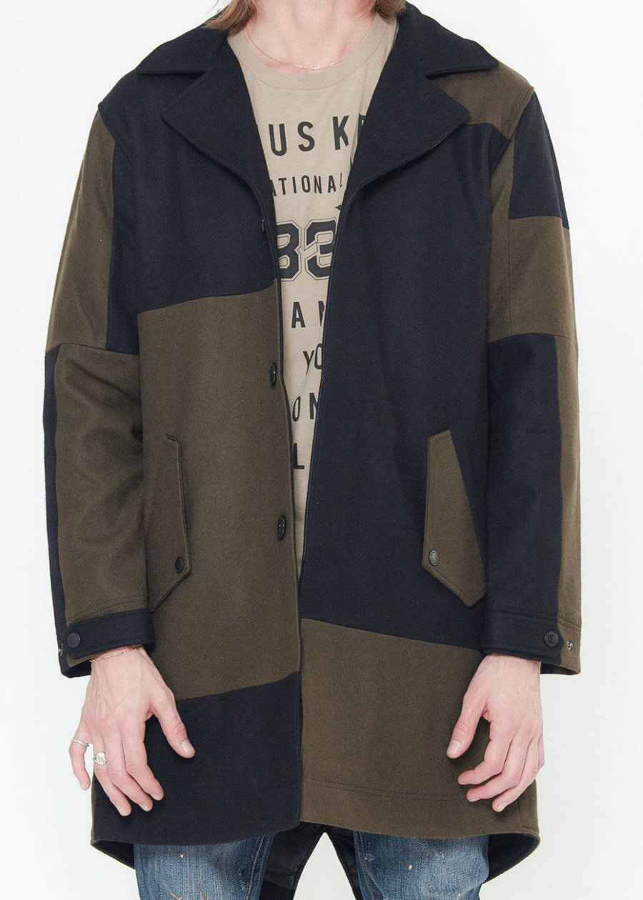 Konus Men's Geometric Panelled Wool Coat in Olive - shopatkonus
