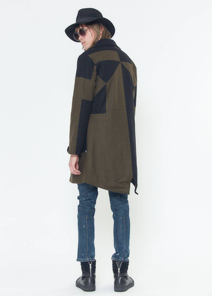 Konus Men's Geometric Panelled Wool Coat in Olive - shopatkonus