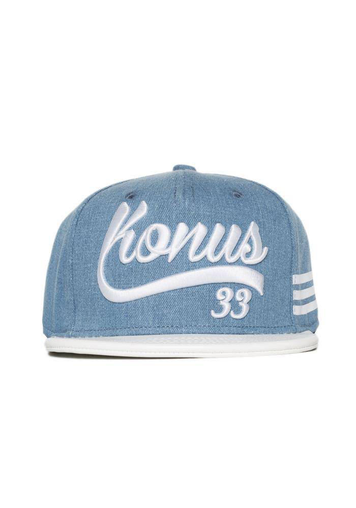 Konus Men's 5 Panel Washed Denim Snap Back With Logo Embroidery in Light Blue - shopatkonus