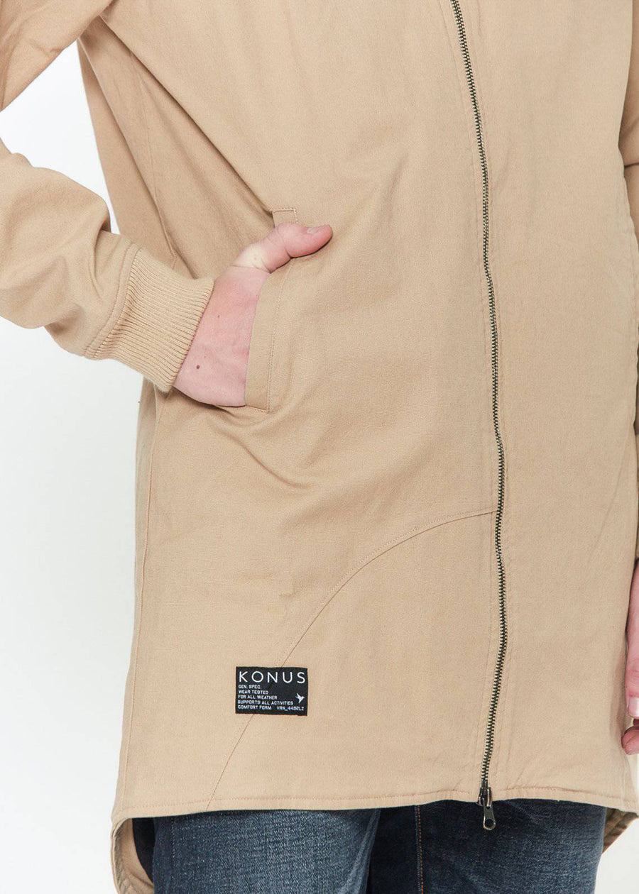 Konus Men's Hooded Canvas Zip up Jacket in Camel - shopatkonus