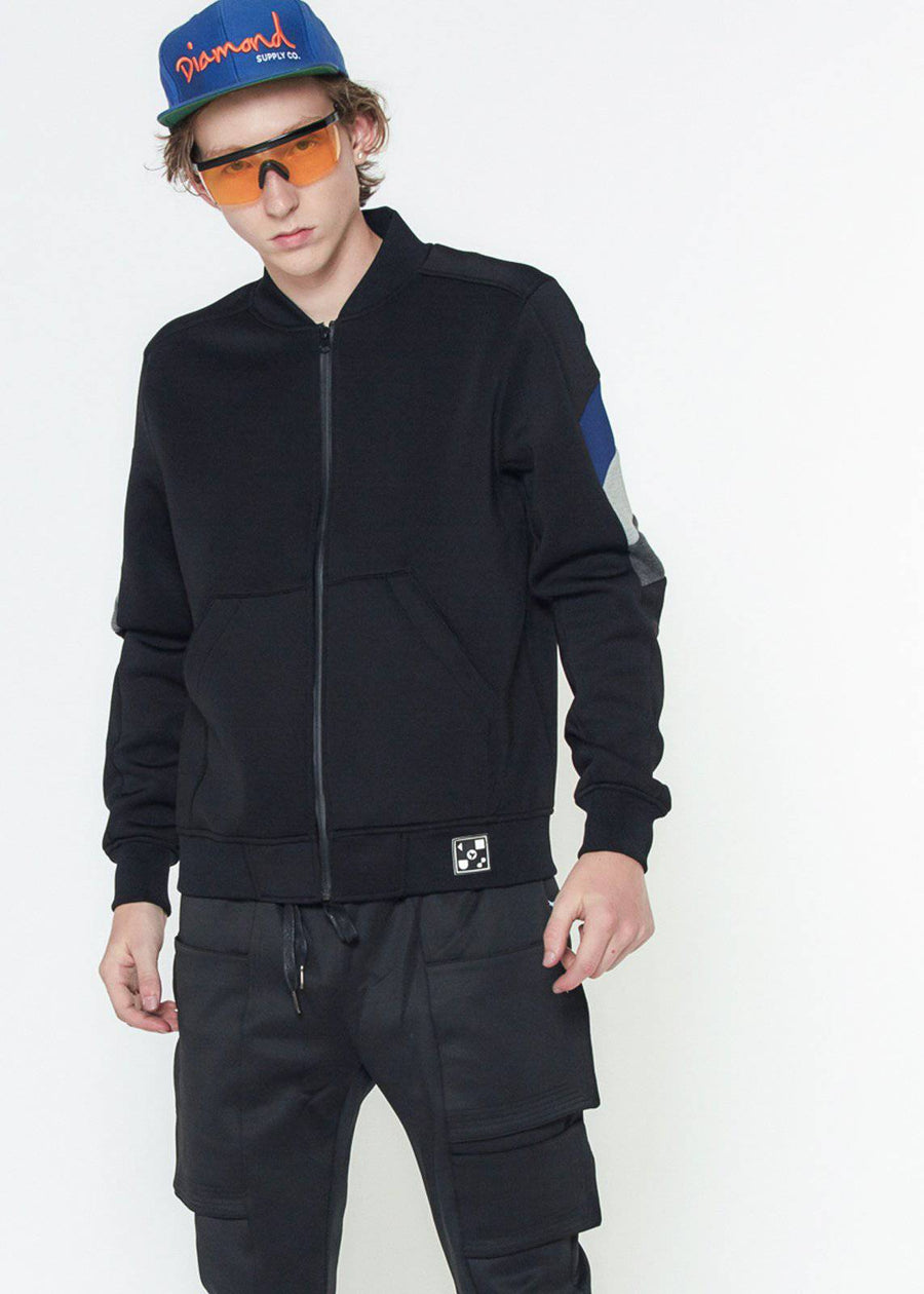 Konus Men's Bomber Jacket in Scuba Fabric With Color Blocking on Sleeves in Black - shopatkonus