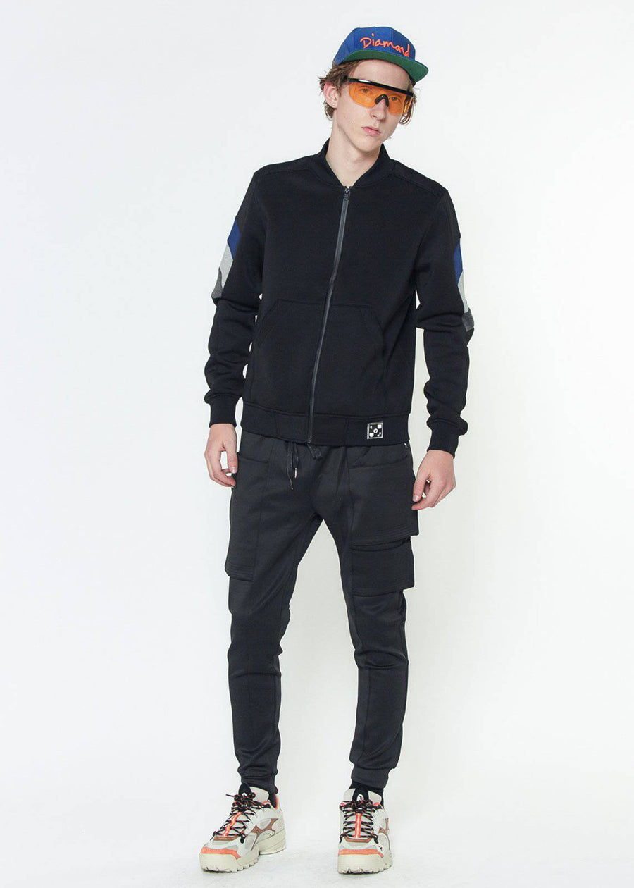 Konus Men's Bomber Jacket in Scuba Fabric With Color Blocking on Sleeves in Black - shopatkonus
