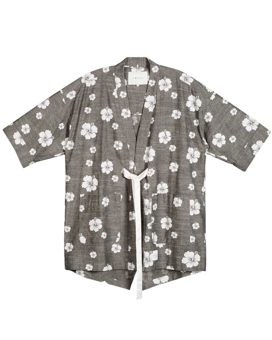 Konus Men's Kimono Shirt w/ Floral Print in Gray - shopatkonus