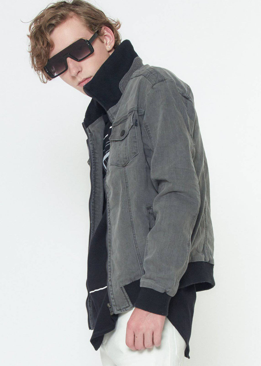 Konus Men's Washed Denim Rib Collar Jacket in Grey - shopatkonus