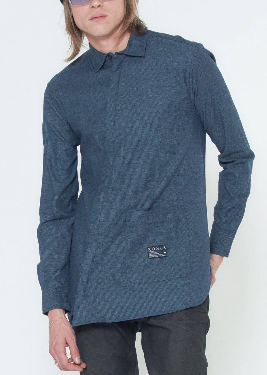 Konus Men's Asymmetrical Zip-up Shirt in Navy - shopatkonus