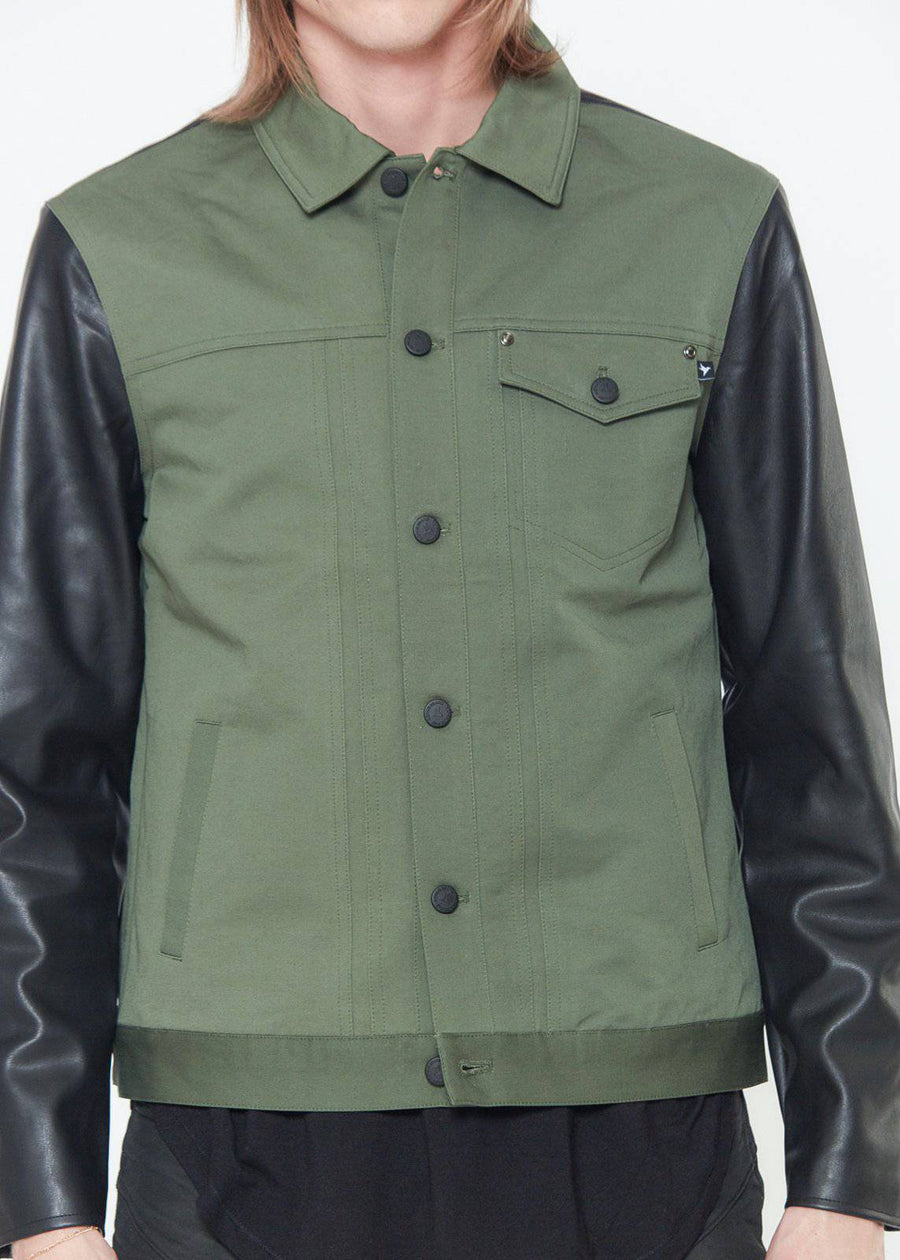 Konus Men's Faux Leather Trucker Jacket in Olive - shopatkonus
