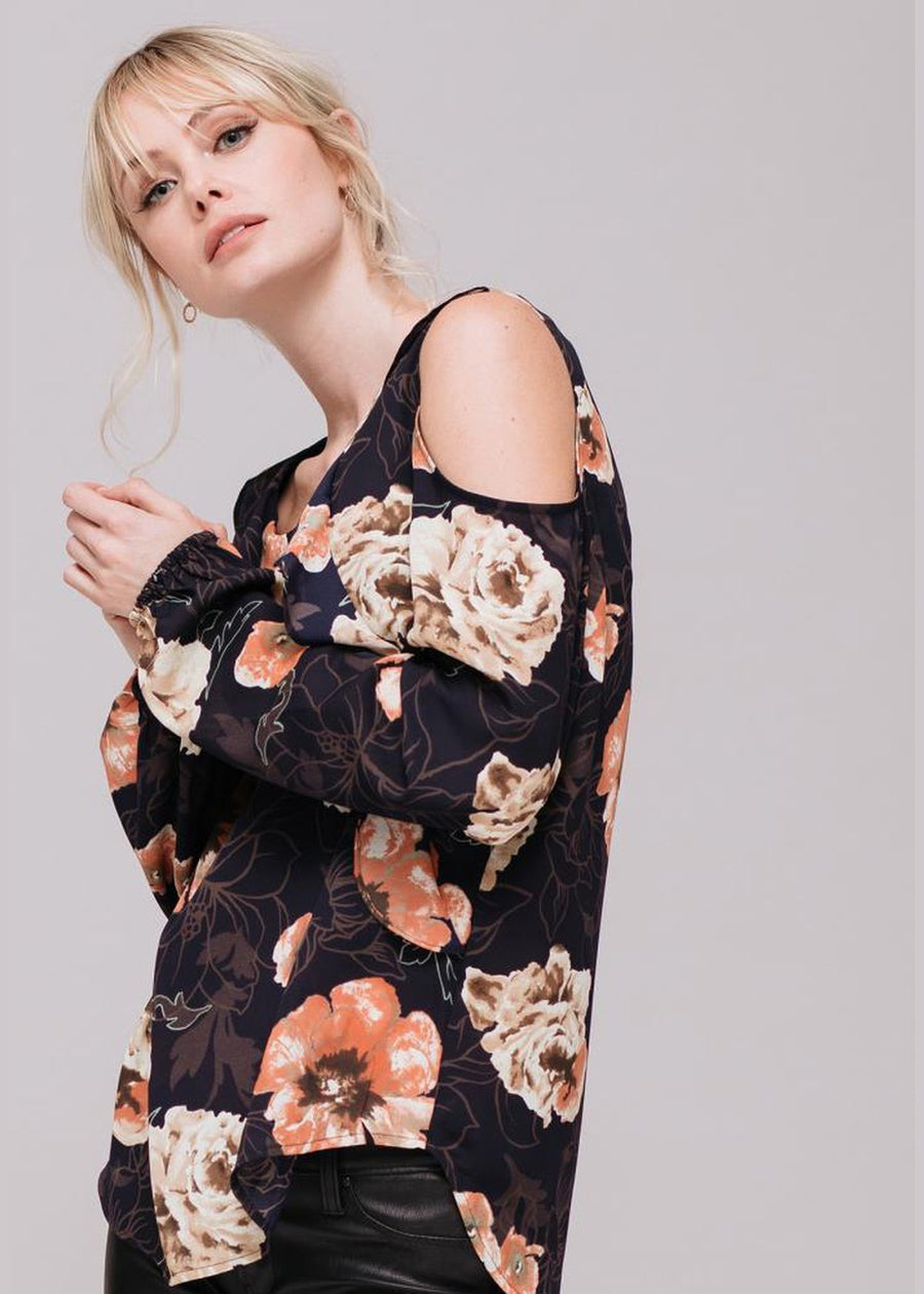 Women's Floral Print Long Sleeve Open Shoulder Top - shopatkonus