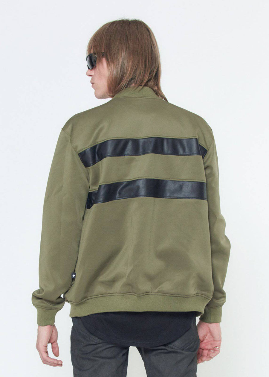 Konus Men's Bomber Jacket With Faux Leather Stripes in Olive - shopatkonus