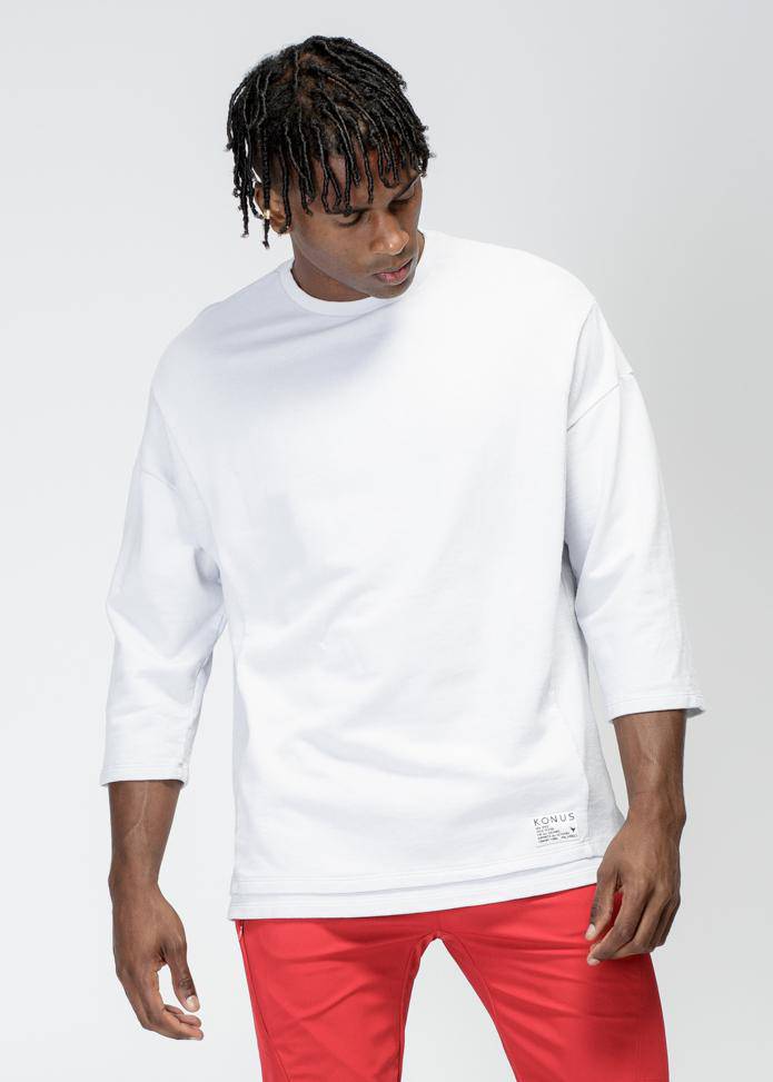 Konus Men's Hi-Lo 3Q Crewneck Sweatshirt in White - shopatkonus