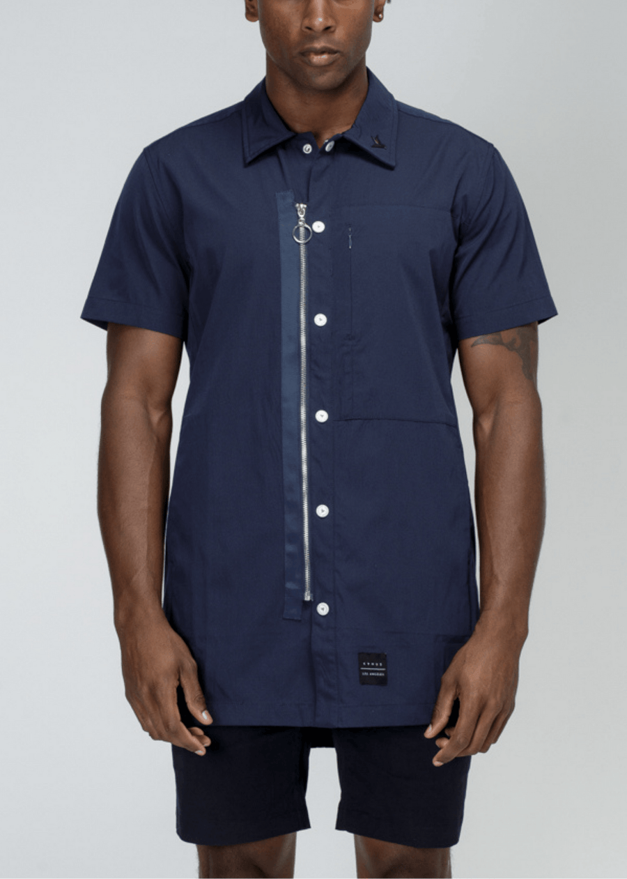 Konus Men's Collared Button Up/Zip Up Shirt in Navy - shopatkonus
